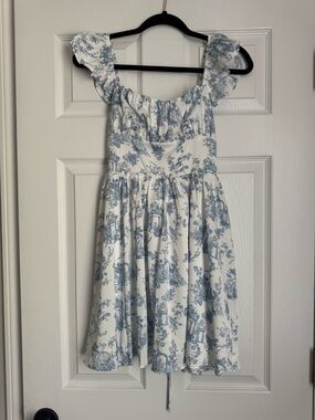 Storia Blue and White Toile Ruffled Strap Dress